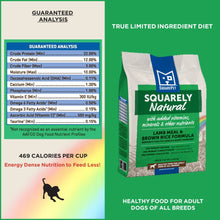 Squarely Natural limited ingredient dog food guaranteed analysis.